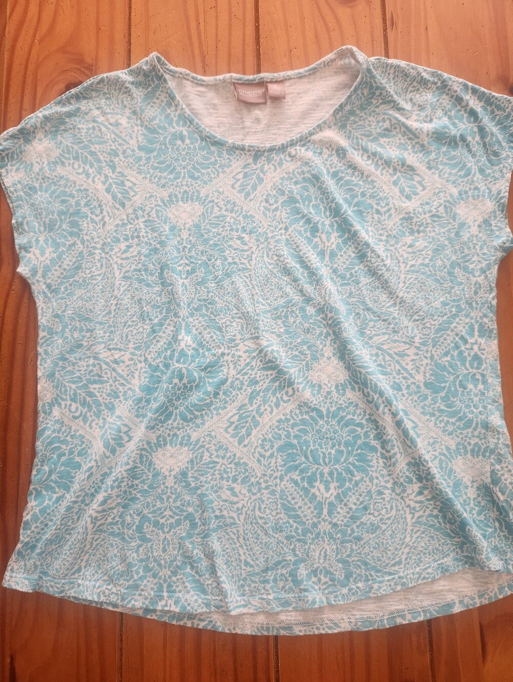 Chico's Patterned Top Teal/White Size 1 (Medium)
